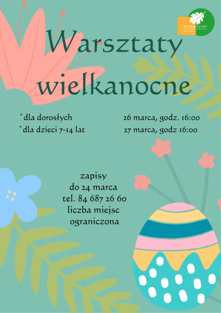 
Zapraszamy na warsztaty wielkanocne dla dzieci i dorosłych.
Zapisy pod nr tel. 84 687 26 60.

